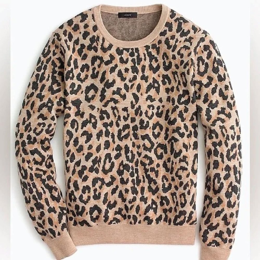 J. CREW 100% Marina Wool Leopard Print Pullover Crew Neck Sweater